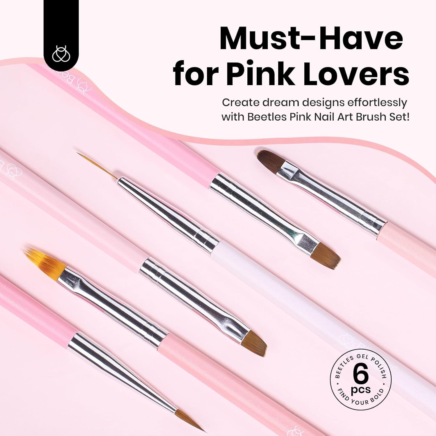 Beetles Nail Art Brushes, 6 Pcs Fingernail Art Design Pens, Pink Handle French Tip Ombre Clean Up Nail Brush Set for Gel Polish with Palette DIY Manicure Tools Gift for Women-BrightBean Baby