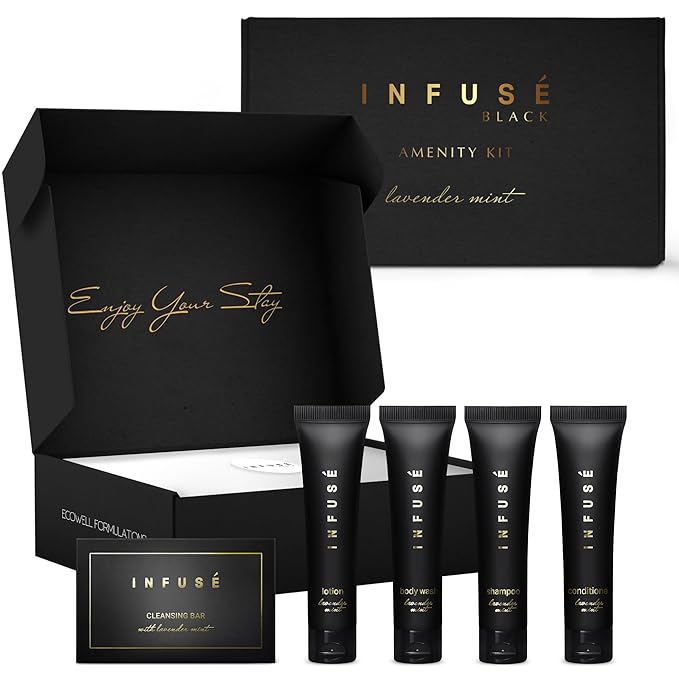 Infuse Black Amenity Kit | Boxed Hotel Toiletries | Bulk Set 1 oz Travel Size Shampoo, Conditioner, Lotion, Body Wash & Cleansing Bar for Guest Hospitality AirBnB/Vacation Rentals | 1 set per case-BrightBean Baby