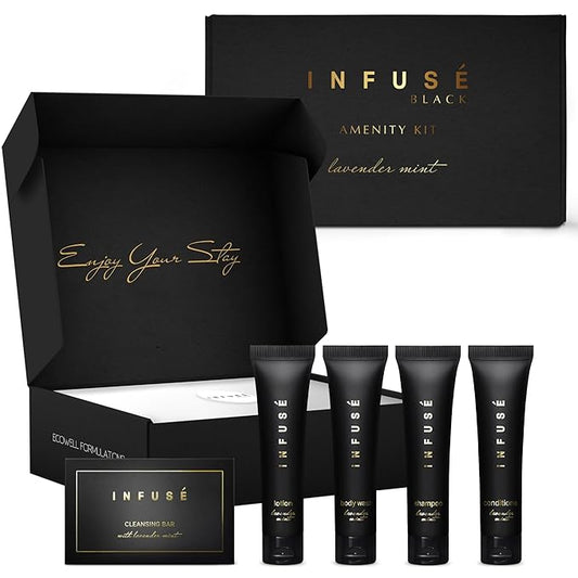 Infuse Black Amenity Kit | Boxed Hotel Toiletries | Bulk Set 1 oz Travel Size Shampoo, Conditioner, Lotion, Body Wash & Cleansing Bar for Guest Hospitality AirBnB/Vacation Rentals | 1 set per case-BrightBean Baby