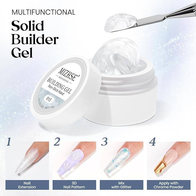 MIZHSE Solid Builder Gel, Aurora White Non-Sticky Hand Sculpting Gel for Nails, Mermaid Pearl 3D Nail Art Building Carving Modeling Hard Extension Soak Off U V LED Manicure Salon Home DIY 15g-BrightBean Baby