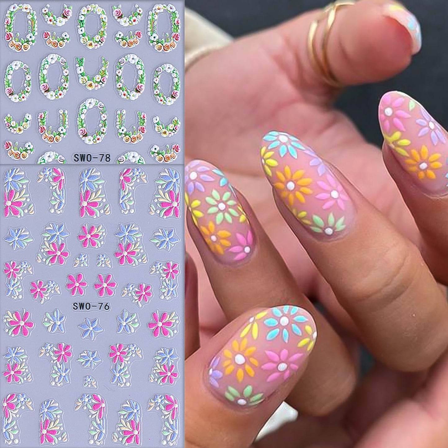 6 Sheets Flower Nail Art Stickers Rose Daisy Nails Art Decals 3D Self-Adhesive Nails Sticker Holographic Stereo Blossom Decal Decoration for Women Wreath Manicure Stickers DIY Nail Supplies-BrightBean Baby