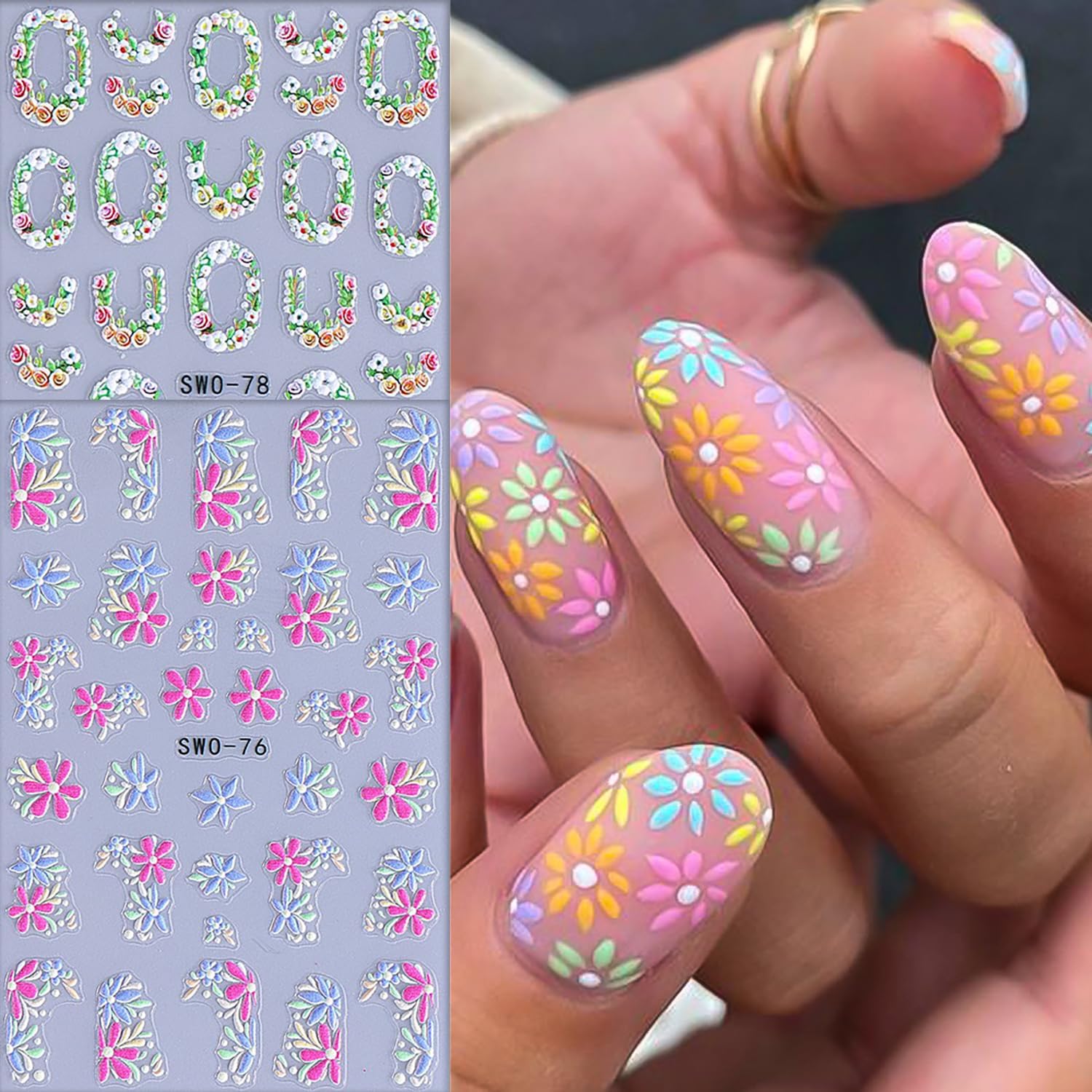 6 Sheets Flower Nail Art Stickers Rose Daisy Nails Art Decals 3D Self-Adhesive Nails Sticker Holographic Stereo Blossom Decal Decoration for Women Wreath Manicure Stickers DIY Nail Supplies-BrightBean Baby