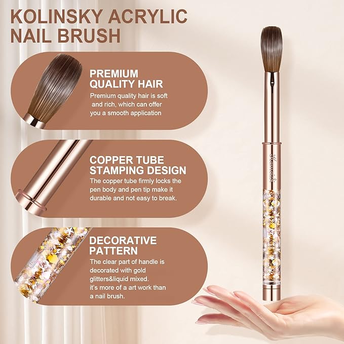 Acrylic Nail Brush Size 12,KEMEISI 100% Pure Kolinsky Nail Art Brushes Sturdy Handle Oval Shaped Acrylic Powder Nail Design Tools for Professional Manicure DIY Home Salon (Gold)-BrightBean Baby