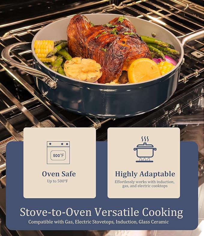 Nonstick Ceramic Sauté Pan with Lid (4.5 qt, 11") Deep Frying Pan for All Cooktops Non Toxic Skillet PTFE/PFAS Free, Dishwasher & Oven Safe up to 500°F w/Stay-Cool Handle, Olive Green