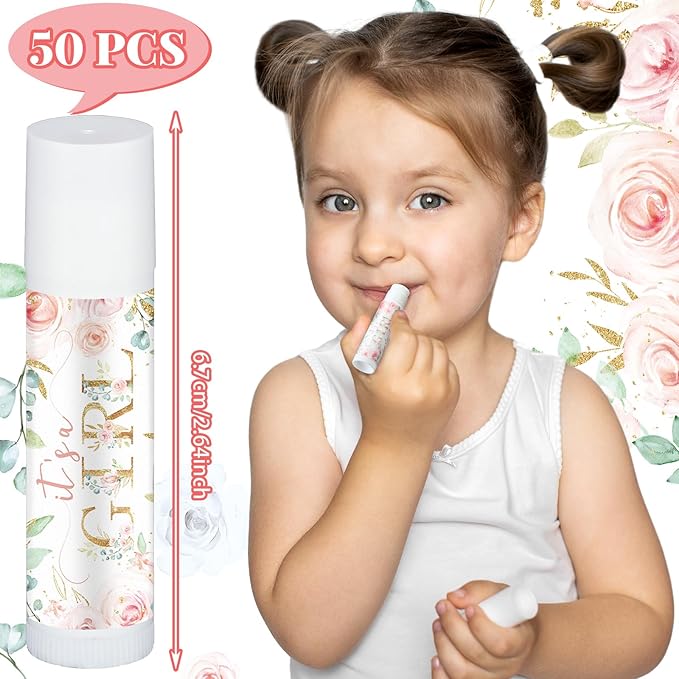 50 Pack Floral Baby Shower Lip Balm Party Supplies Bulk for Girls Guests It's a Girl Baby Shower Gifts Gender Reveal Favors Prizes Souvenirs Winners Thank You Appreciation Gifts-BrightBean Baby