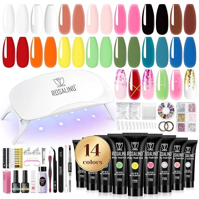 ROSALIND Poly Nail Gel Colors Kit -14 Colors +72 Nail Art Accessories kit Poly Nails Gel Kit Starter Kit with Mini UV Lamp Slip Solution Poly Nail Art Tools for Beginners with Everything-BrightBean Baby