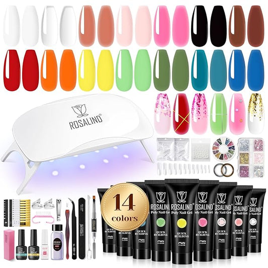 ROSALIND Poly Nail Gel Colors Kit -14 Colors +72 Nail Art Accessories kit Poly Nails Gel Kit Starter Kit with Mini UV Lamp Slip Solution Poly Nail Art Tools for Beginners with Everything-BrightBean Baby