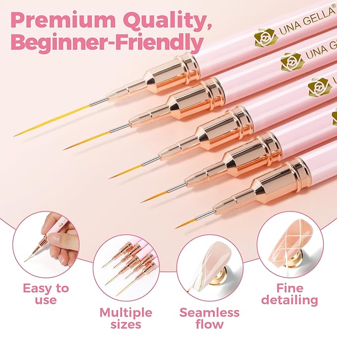UNA GELLA Nail Art Brushes Metallic, 5 Count Liner Pens Set For Nail Art Gel Polish, Detail Nail Art Design Painting Brush Set For Nails Gel Fine Drawing Nail Tools, Sizes 7/9/11/15/25mm-BrightBean Baby