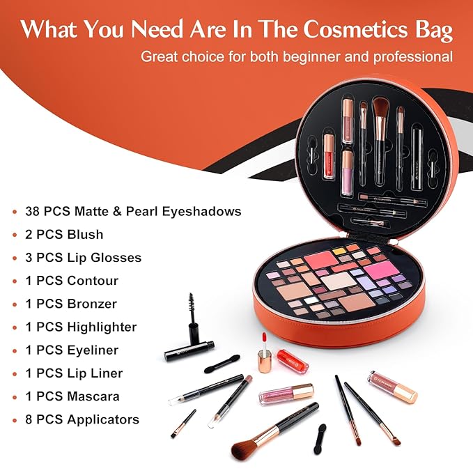 Color Nymph All In One Makeup Kit For Teens With Portable Cosmetics Bag, Multiple Makeups For Begginers As Christmas,New Year,Birthday Gift Included 38-Colors Eyeshadows Lipglosses Brushes(Orange)-BrightBean Baby
