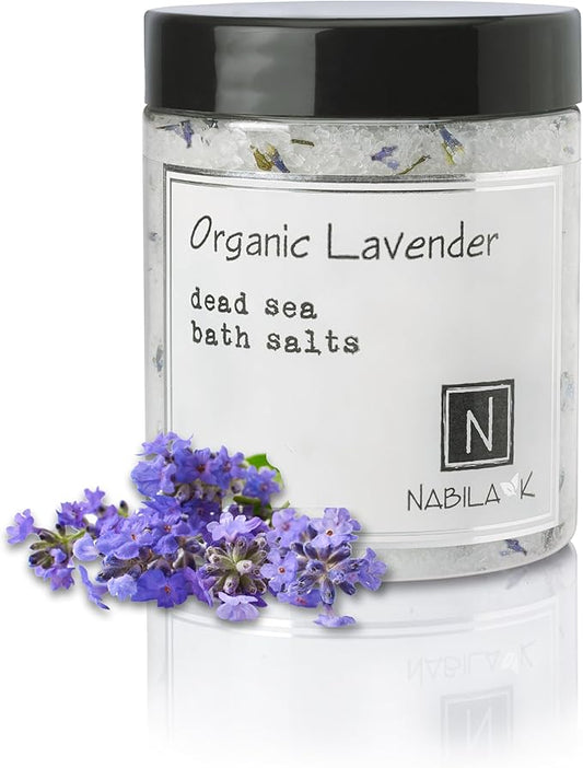 Organic Lavender Bath Salts by Nabila K - Dead Sea Salt & Epsom Salt Scrub & Soak - Exfoliates & Hydrates Skin, Botanical Essential Oils - Bubble Bath Accessories for All Skins Types, 8 oz-BrightBean Baby