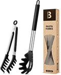 Silicone Spaghetti Spoon & Pasta Tong, Non-Stick Stainless Steel Handle Pasta Fork Set with Teeth, Food Clip for Easy Serving of Noodles (Black)