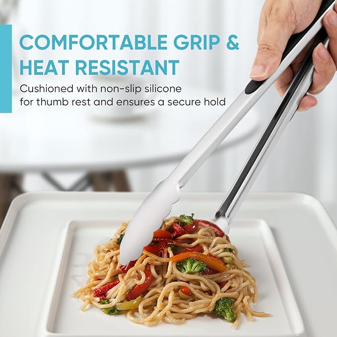 Kitchen Tongs for Cooking,Maywe Tanso 12-Inch Stainless Steel Locking Cooking Tongs Food Tongs for Cooking,Grilling,Salad and Serving Food | Heavy Duty,Non-Stick,Black