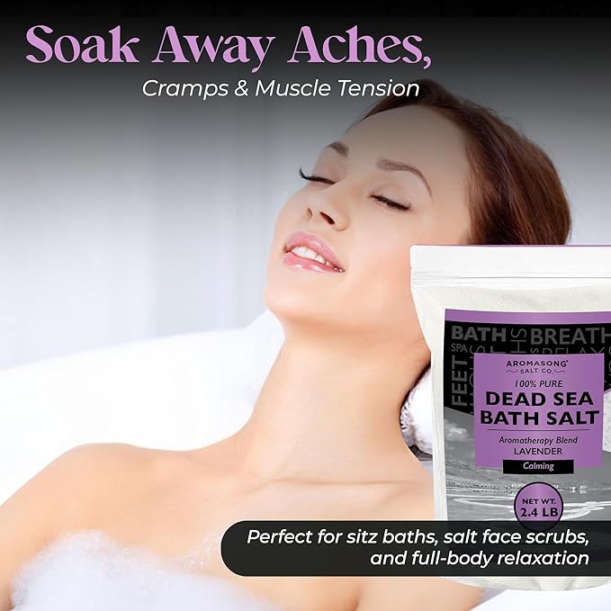 Aromasong Pure Dead Sea Salt for Soaking with 100% Natural Lavender, 2.43 LB - Spa Bath Salt Fine Grain - Body Wash Scrub - Soak for Women & Men- Bulk Resealable Pack-BrightBean Baby