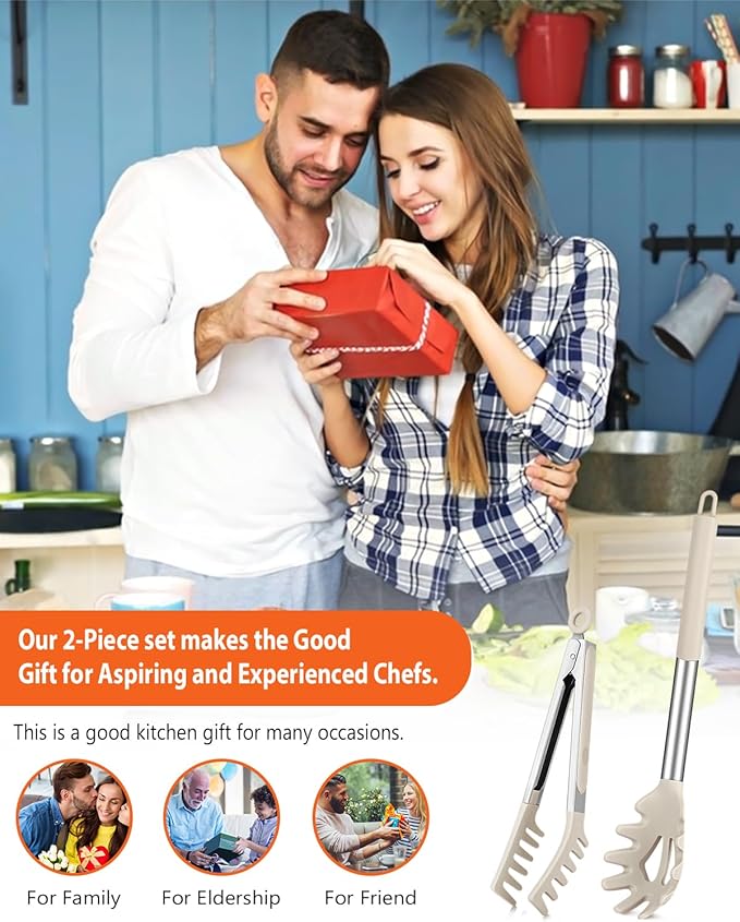 Silicone Spaghetti Spoon & Pasta Tong, Non-Stick Stainless Steel Handle Pasta Fork Set with Teeth, Food Clip for Easy Serving of Noodles (Khaki)