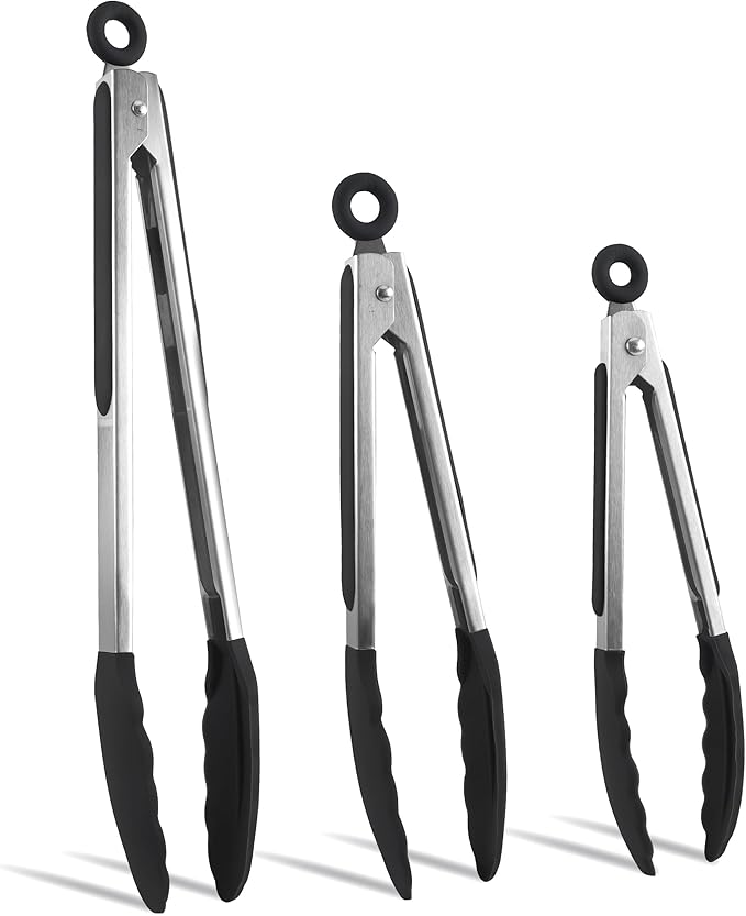 COOK WITH COLOR Stainless Steel Silicone Tipped Kitchen & BBQ Tongs Set, 3 Pc. Tongs, Black