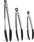 COOK WITH COLOR Stainless Steel Silicone Tipped Kitchen & BBQ Tongs Set, 3 Pc. Tongs, Black