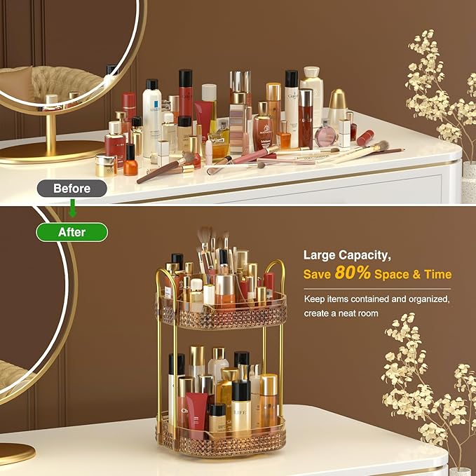 Awenia Rotating Makeup Organizer 360, Stackable Adjustable Large Capacity Cosmetic Storage Unit,Dresser Bathroom Kitchen Countertop Organizer with Metal Handle, Plus Size (Honorable Gold, 2 Tier)-BrightBean Baby