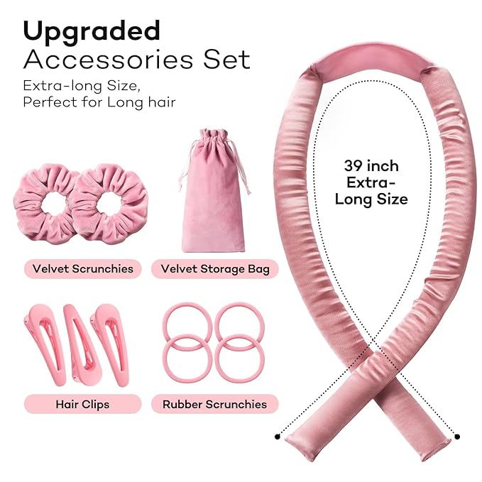 Umisleep 22 Momme 100% Mulberry Silk Heatless Hair Curler Set — Frizz-Free Hair Rollers for Women Long Hair, Overnight Heatless Curls, Upgraded Soft Flat Design with Clips & Scrunchies, Pink-BrightBean Baby