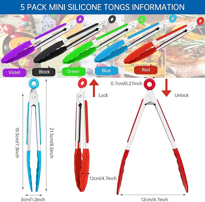 7 Inch Silicone small Tongs Set, mini Kitchen tongs with Silicone Tips Food Tongs Stainless Steel Cooking Tongs for Salad, Grilling, Frying and Cooking (Blue,Green,Red,Purple,Black, 5 Pieces)