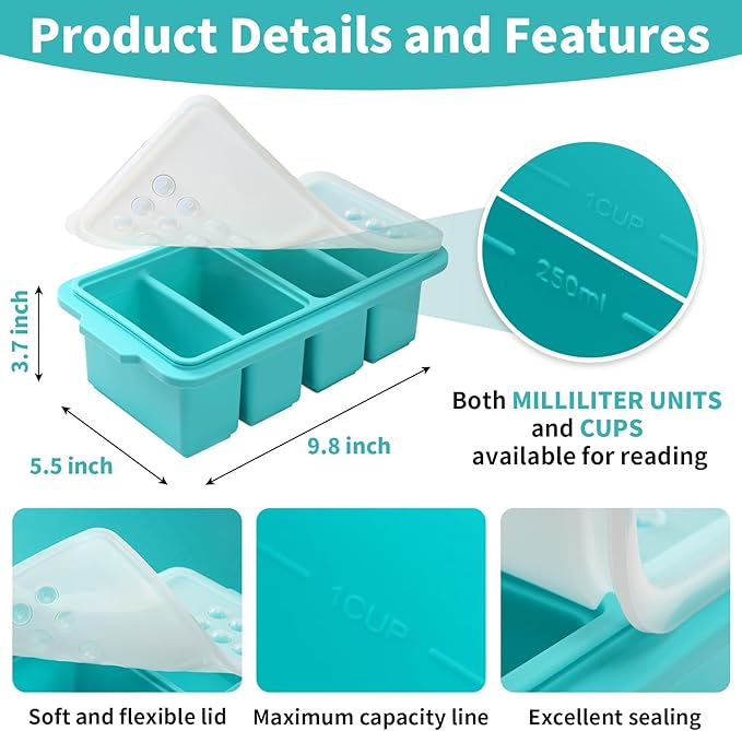 1 Cup Silicone Freezer Tray Ice Cubes with Lids and Date Mark for Storing Lasagna Leftovers Sauces Portioned Meals and More, Silicone Soup Freezer Molds for Meal Prepping 2 Pack Aqua