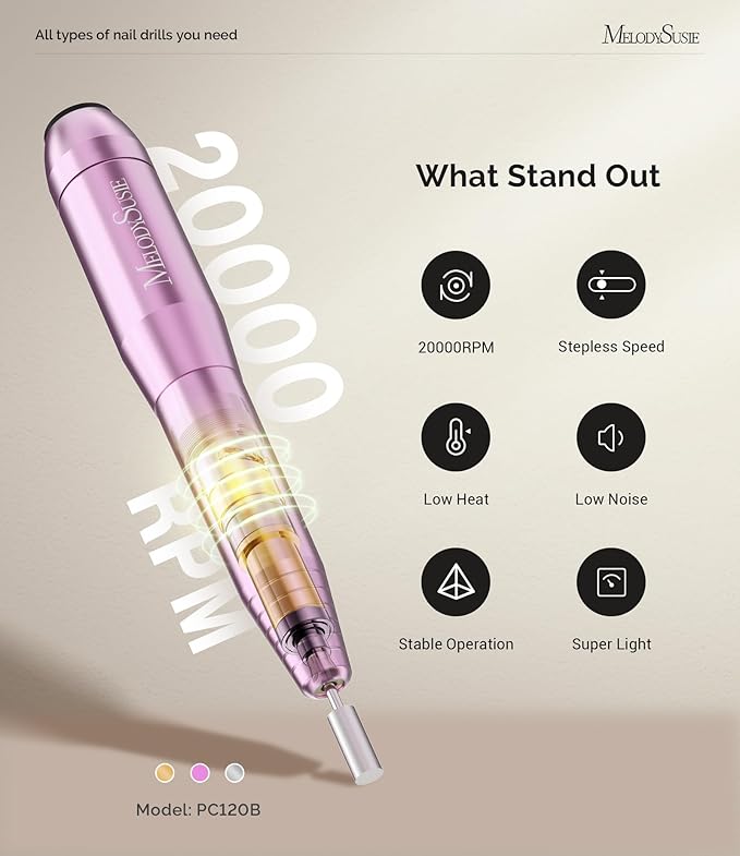 MelodySusie Portable Electric Nail Drill,PC120B Compact Efile Electrical Professional Nail File Kit for Acrylic, Gel Nails, Manicure Pedicure Polishing Shape Tools Design for Home Salon Use, Purple-BrightBean Baby