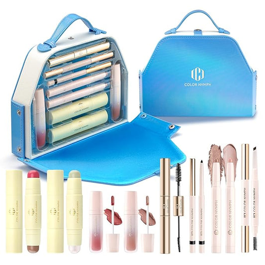 Color Nymph Makeup Kit for Girls Beginner Makeup Gift Set with Portable Bag Include 2 Color Lip Gloss, Eyeshadow Pen, Blush & Contouring, Highlight, Mascara, Eyebrow Pencil-BrightBean Baby