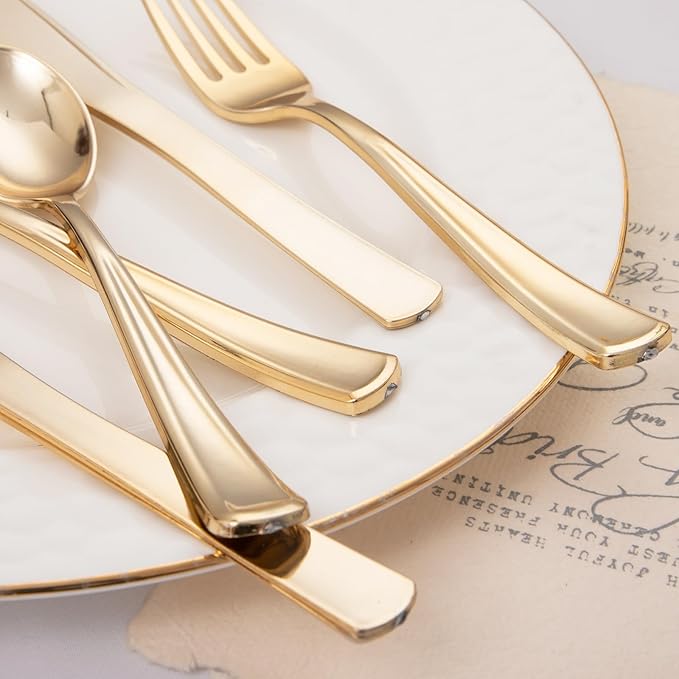 Liacere 200Pcs Gold Plastic Silverware-Gold Plastic Cutlery - Disposable Silverware include 100 Forks 50 Spoons 50 Knives Perfect for Parties&Weddings&Restaurants&Thanksgiving&Fall Decor