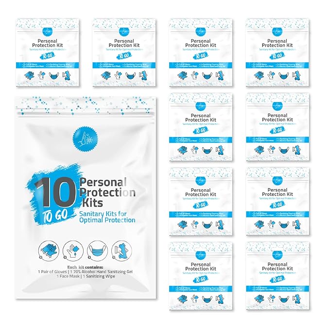 Personal Protection Kit TO GO, Mini 4 Item PPE Kit for travel and school | Includes 1 Each of Face Covering, Gloves, Cleansing Wipes & Hand Cleansing Gel | 10 - Pack (Light Blue)-BrightBean Baby