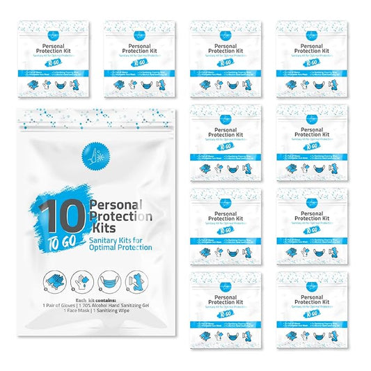 Personal Protection Kit TO GO, Mini 4 Item PPE Kit for travel and school | Includes 1 Each of Face Covering, Gloves, Cleansing Wipes & Hand Cleansing Gel | 10 - Pack (Light Blue)-BrightBean Baby