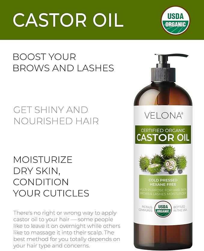 velona USDA Certified Organic Castor Oil - 16 fl oz (With Pump) | For Hair Growth, Boost Eyelashes, Eyebrows | Cold pressed, Natural Oil, USP Grade | Hexane Free, Lash Serum, Caster-BrightBean Baby