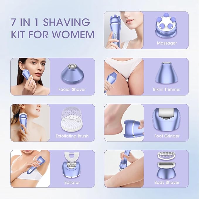 Electric Shavers for Women, 7 in 1 Hair Removal Kit with Epilator Bikini Trimmer Face Razor Body Brush Face Massager Foot Callus Remover, IPX7 Waterproof Lady Razors Set for Legs Armpit Bikini Pubic-BrightBean Baby