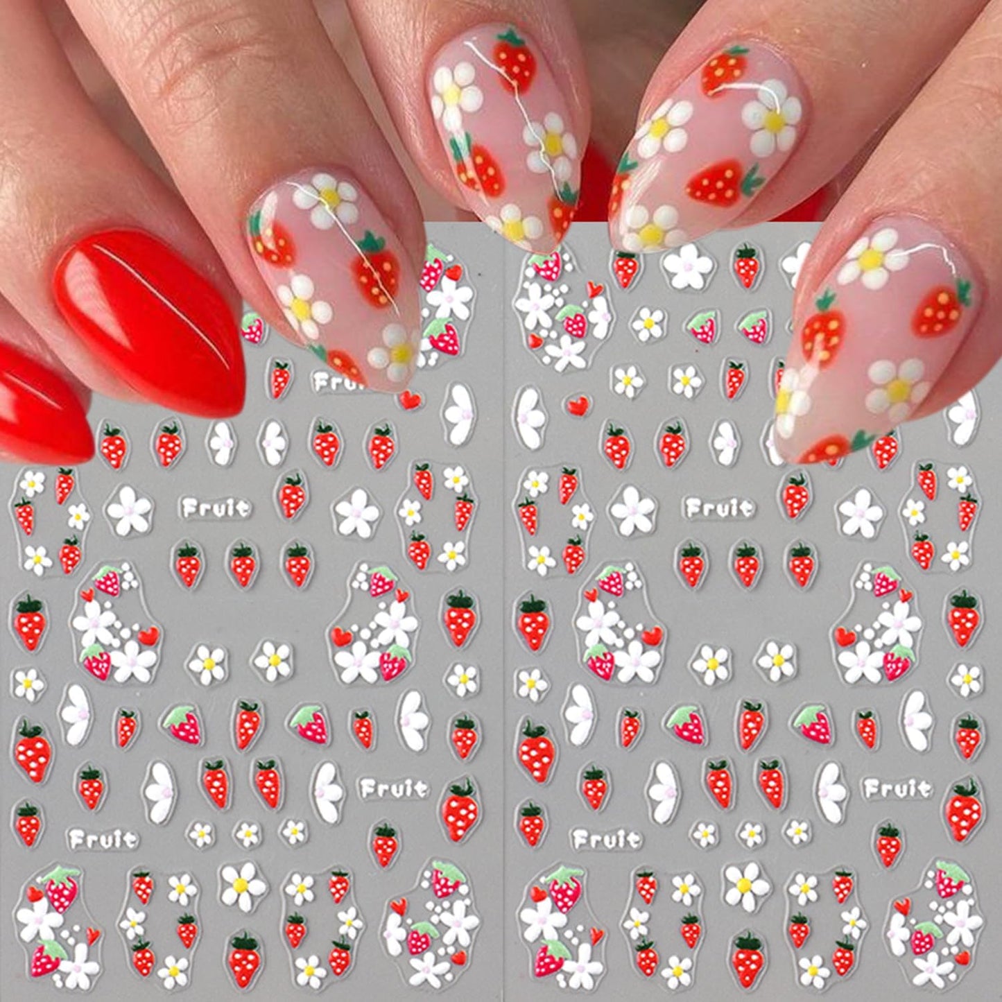 5 Sheets Autumn Winter Flower Nail Art Stickers 3D Self-Adhesive Nails Stickers Floral Strawberry Daisy Pattern French Tip Design Wine Red Brown Blue Gold 3D Decals Women DIY Nail Art Decoration-BrightBean Baby