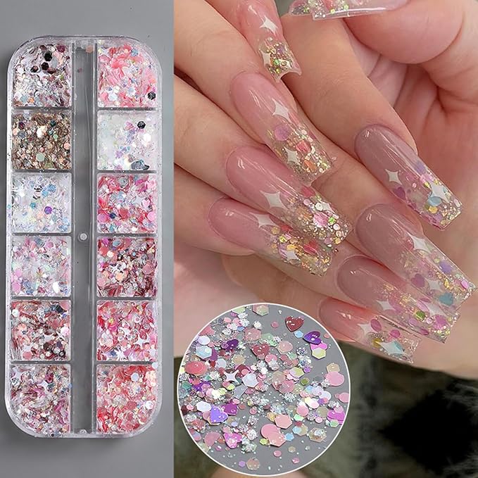12 Grids Star Nail Art Glitter Sequins Heart Shaped Mermaid Nail Sequins Holographic Mermaid Nail Flakes Sticker Sequin Heart Nail Art Glitter for Women DIY Acrylic Nail Decoration-BrightBean Baby