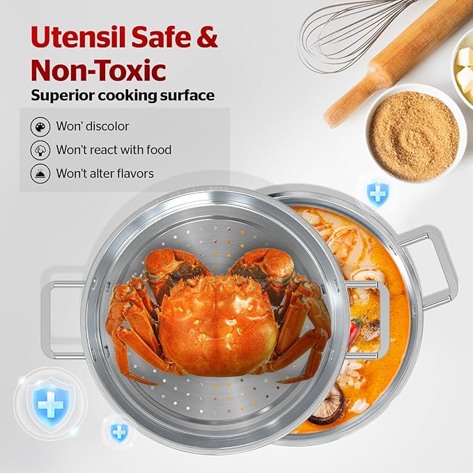 SUNHOUSE 2-Tier Stainless Steel Steamer Pot 5.5QT - Toxin-Free Healthy Cooking