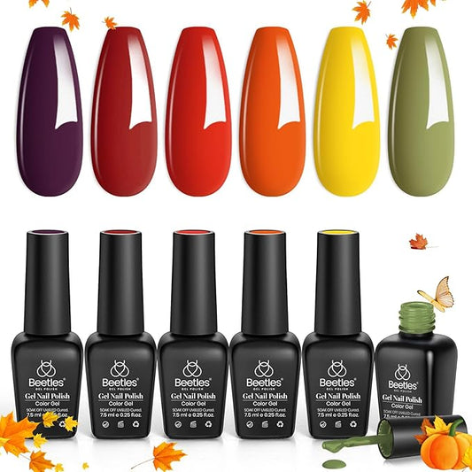 Beetles Fall Gel Polish Set, Burgundy Red Green Orange 6 Colors Gel Nail Polish Colors Sunset Leaves Soak Off Nail Art Lamp UV LED Cured Manicure Nail at Home Gifts for Women-BrightBean Baby