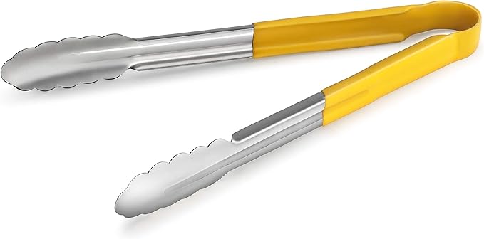 New Star Foodservice 35780 12-Inch Utility Spring Tongs, Stainless Steel, Vinyl Coated, Set of 12, Yellow