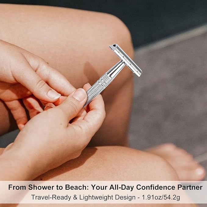 Double Edge Safety Razor with Stand, Single Blade Razors for Men and Women, Metal 1 Blade Razor, with 10 Platinum Coated Stainless Steel Double Edge Blades, Smooth and Close Shave, Silver-BrightBean Baby