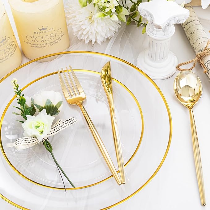 LIYH 360 Pcs Heavyduty Gold Plastic Silverware Set - Elegant Gold Silverware Disposable Utensils Set for Weddings, Parties & Events - Includes Forks, Spoons, Knives, Cutlery Tableware