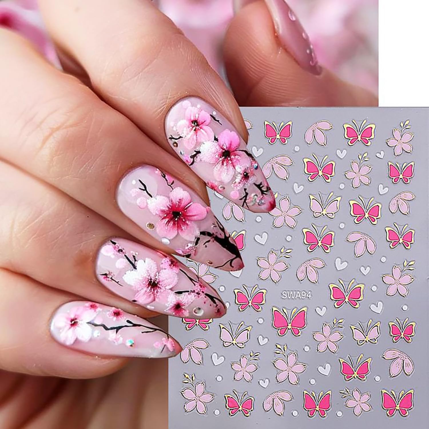 8 Sheets Flower Nail Art Sticker 3D Self-Adhesive Nails Stickers Floral Butterfly Nail Art Decals Holographic Blossom Decal for Women Hot Stamping French Manicure Stickers DIY Nail Supplies-BrightBean Baby