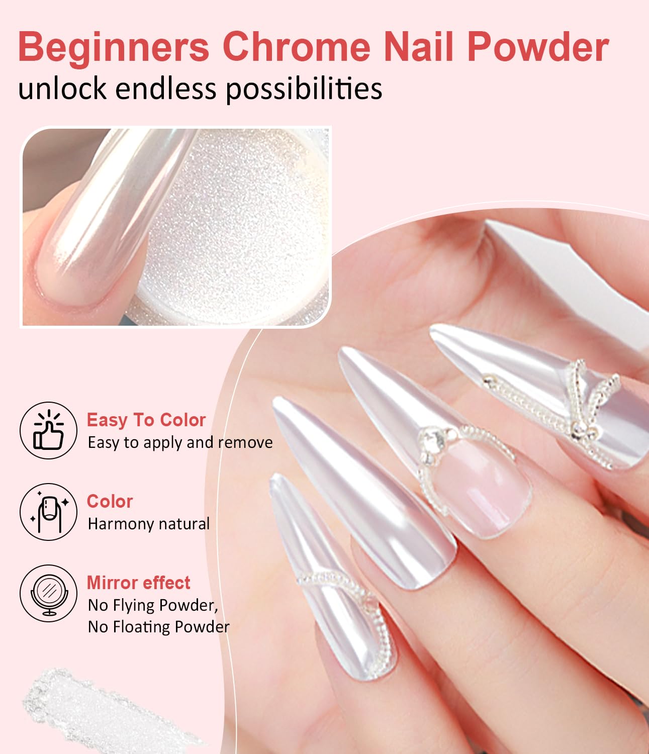 Pearl Chrome Nail Powder BISHENGYF -【Fairy Effect】 Pink Chrome Nail Powder White Pearlesent Aurora Mermaid Iridescent Nail Chrome Powder, Metallic Mirror Glitter Pigment Dust for Nail Art DIY 2PCS-BrightBean Baby