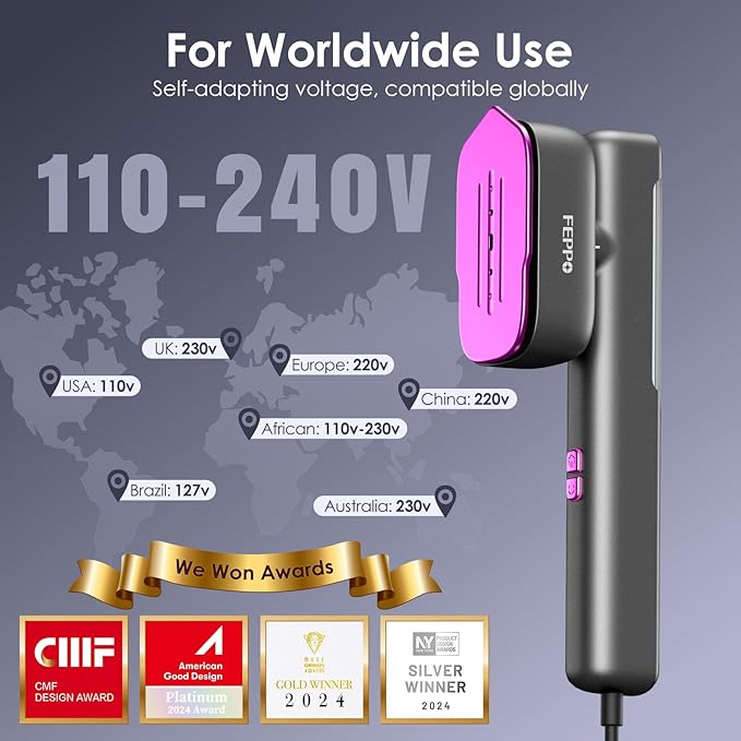 FEPPO Travel Steamer for Clothes, 110-240V Dual Voltage Portable Mini Steamer & Iron 2in1, 1100W Powerful Garment Steamer, Fast Heat Up, Travel Size, HD Display, for Home & Global & Europe Travel-BrightBean Baby