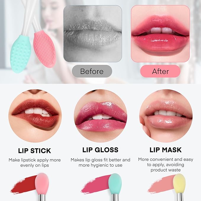 Unaone Lip Scrub Brush - 4 PCS Dual-ended Lip Scrubber Exfoliator and Silicone Lip Brush, 2-in-1 Silicone Lip Scrub Tool Lip Mask Applicator, Gentle Exfoliator & Applicator for Soft-BrightBean Baby