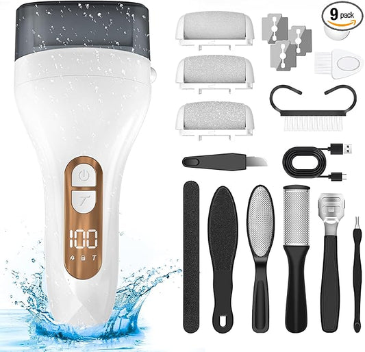Electric Callus Remover for Feet - with Larger Grinding Head, Portable Pedicure Kit Foot File Callus Remover, Rechargeable Waterproof Foot File for Foot Care Deadskin Remover LCD Display-White-BrightBean Baby
