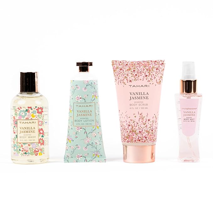 Tahari Spa Gift Set for Women, Vanilla Jasmine Spa Set, Bath Kit for Women Gift Set Includes Body Lotion, Body Wash, Body Scrub, Lotion Gift Set for Women, Birthday Gifts For Women - (Floral)-BrightBean Baby