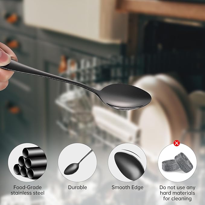 Black Spoons silverware teaspoons set of 12 dessert spoon 6.6inch Food-Grade stainless steel kitchen and dining table spoons (Black)