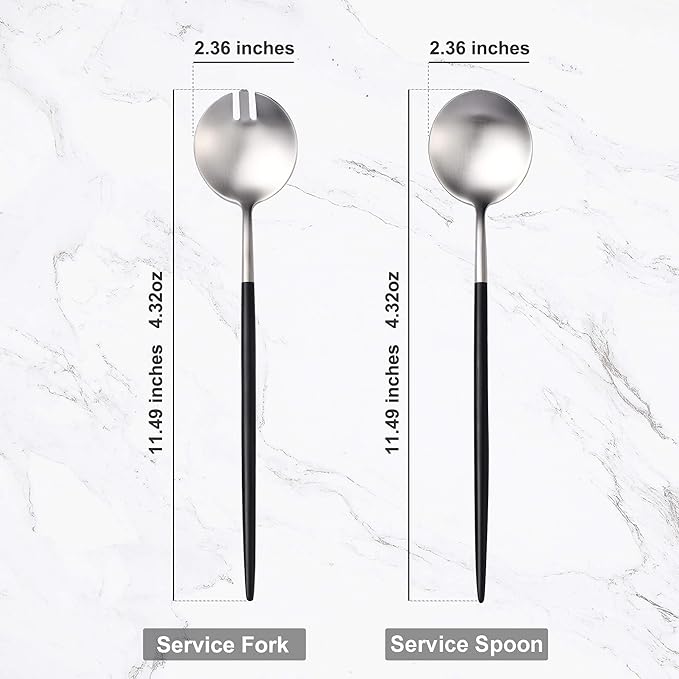 Lemeya Silver Black Salad Serving Utensils,Serving Spoons Stainless Steel,2Pcs Long Handle Salad Servers 11.42 Inch,Salad Utensils for Serving,Matte Finish,Dishwasher Safe