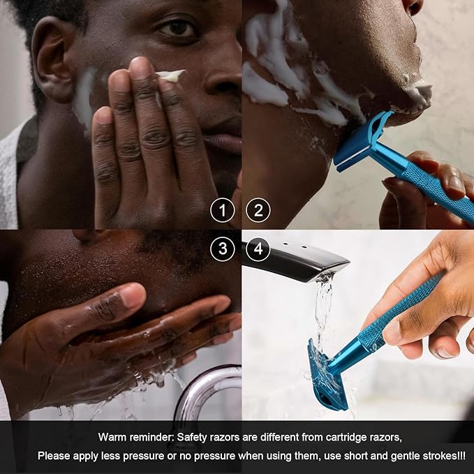 Double Edge Safety Razor, Single Blade Razors for Men and Women, with 10 Stainless Steel Safety Razor Blades, Smooth and Close Wet Shaving, Plastic Free, Blue-BrightBean Baby