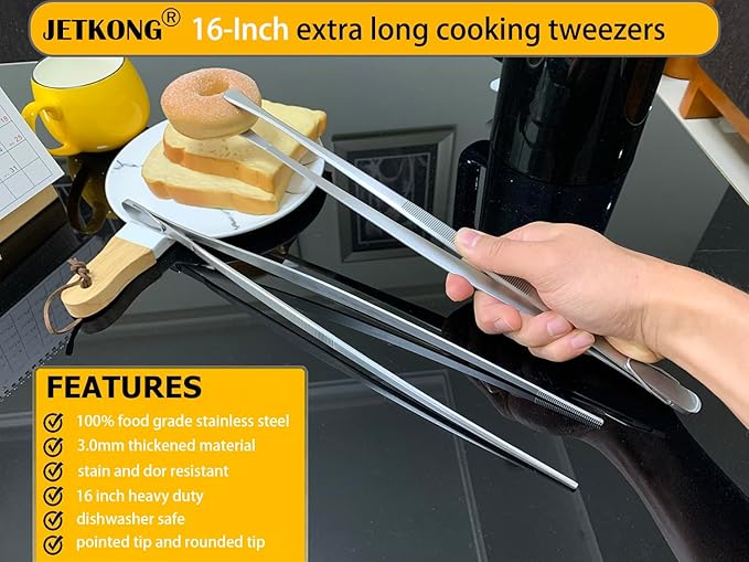 JETKONG 2 Pieces Extra-Long Tweezer Tongs 16-Inch Stainless Steel Tweezers Chef Tweezers (Point-Tips)