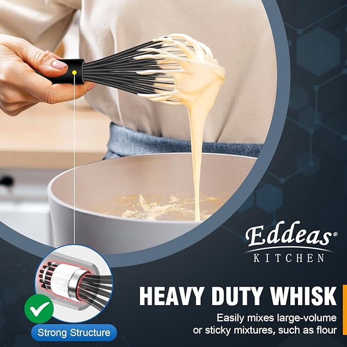 Whisks For Cooking - 500 °F Heat Resistant Silicone Whisk, Heavy Duty 7",9"&11inch Non-Scratch Balloon Kitchen Wisk tool Set, for cooking Wisking, Blending, Beating, Stirring, 3 Piece Black