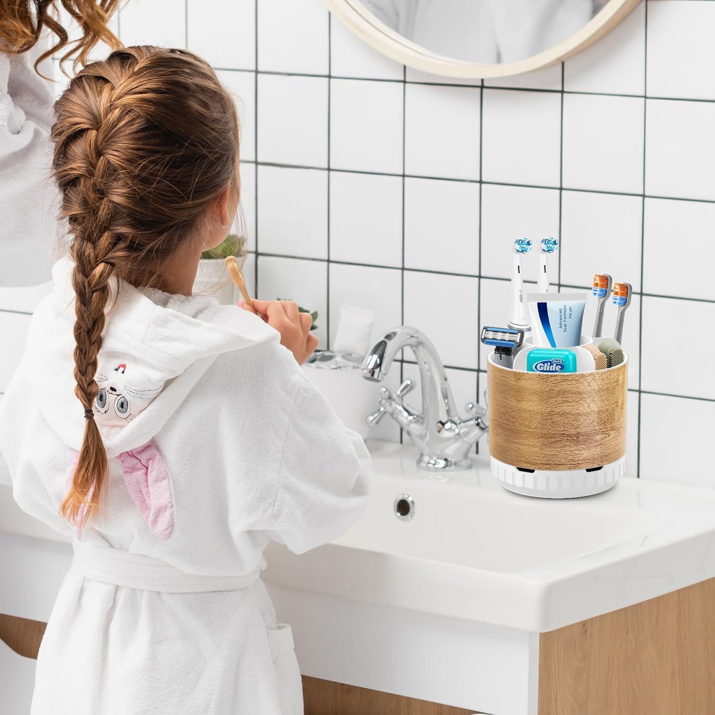 Wood Toothbrush Holders Organizers - Rotating Detachable 6 Slots Electric Toothbrush and Toothpaste Holde for Bathroom Accessories Organization Counter Vanity Sink Storage-BrightBean Baby